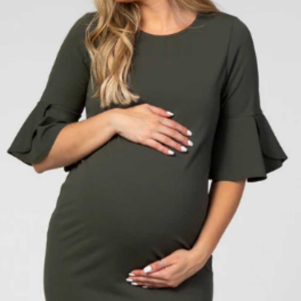 NEVER WORN Olive Fitted Ruffle Sleeve Maternity Dress, Size Large